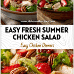 Bowl of colorful Summer Chicken Salad with Pecans, strawberries, greens, and grilled chicken.